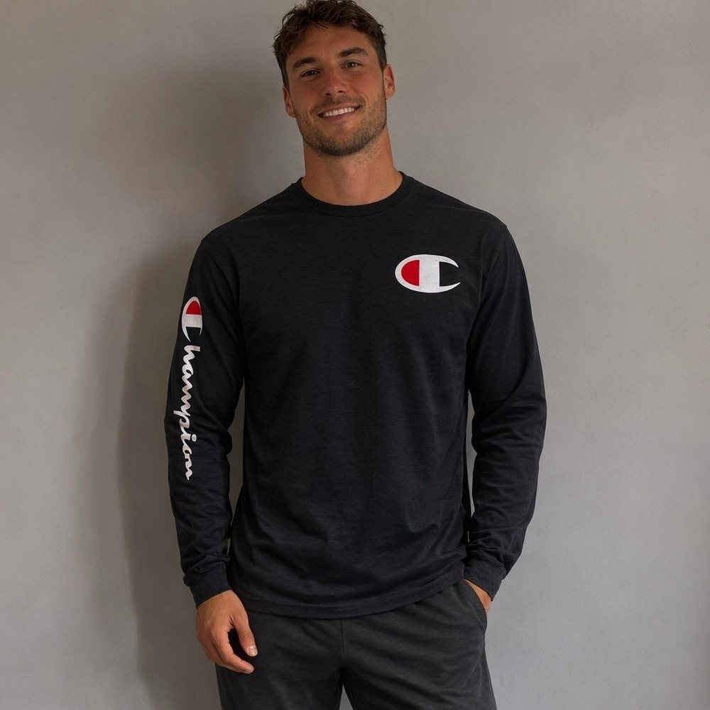 Champion Heritage Long Sleeve T-Shirt Men's XS Black Spellout Logo Crew Pullover